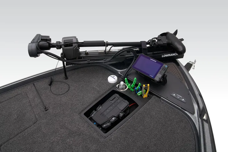 Slide: The Image of 2024 Nitro Z20 Pro boat deck with Lowrance fishfinder and trolling motor. - 13