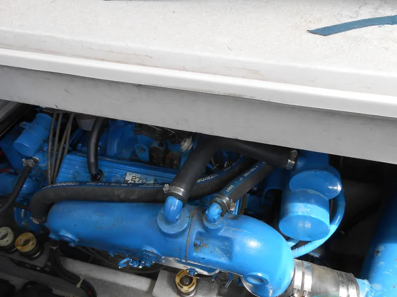 Slide: The Image of Engine compartment of 1989 Chris-Craft Amerosport 320, featuring blue engine components. - 9