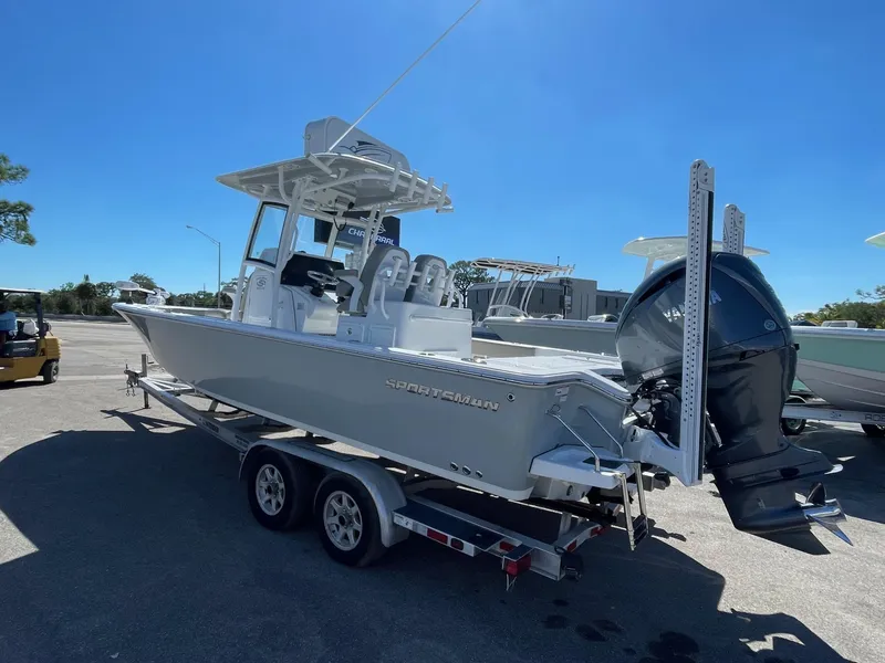 Slide: The Image of 2021 Sportsman Masters 267OE Bay Boat on trailer, side view. - 15