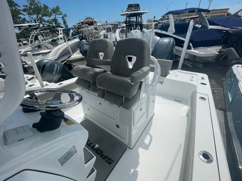 Slide: The Image of 2021 Sportsman Masters 267OE Bay Boat with dual seats and steering wheel. - 6
