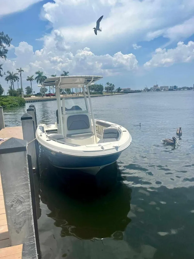 Slide: The Image of 2020 Stingray 216 CC boat docked by a scenic waterfront with birds flying. - 1