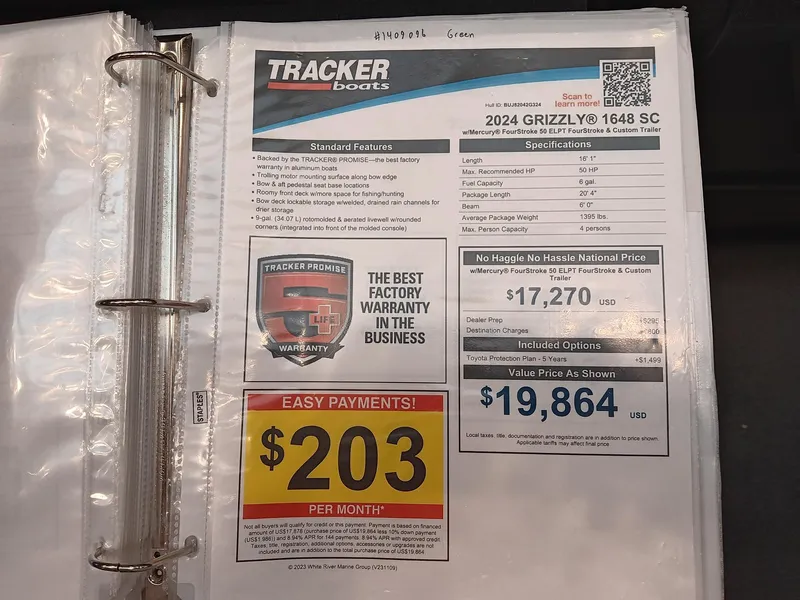 Slide: The Image of 2024 Tracker Grizzly 1648 SC boat brochure with pricing and warranty details. - 8