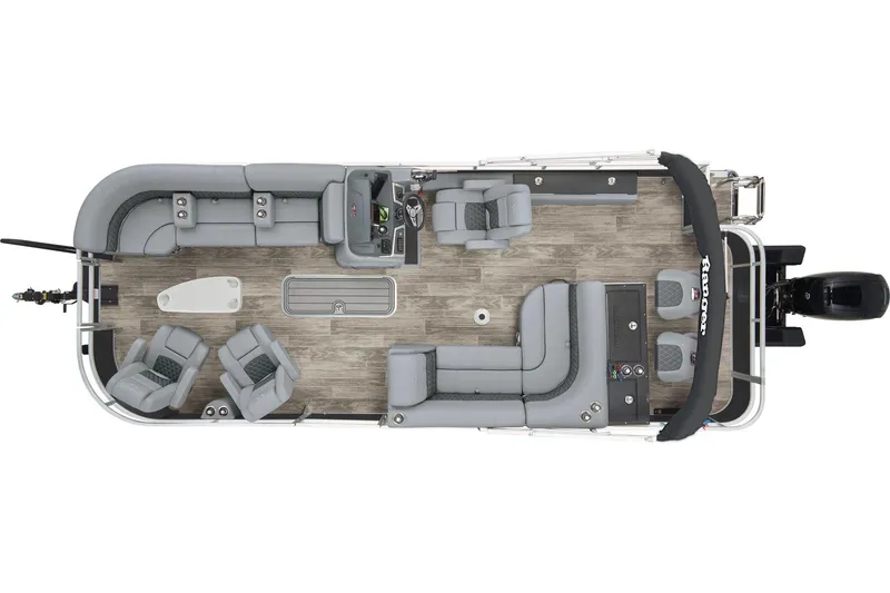 Slide: The Image of 2024 Ranger Reata 223FC pontoon boat interior layout, featuring spacious seating and modern amenities. - 16