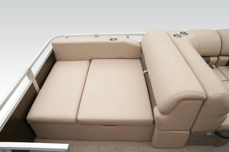 Slide: The Image of 2024 Sun Tracker Sportfish 24 XP3 beige cushioned seating area. - 49