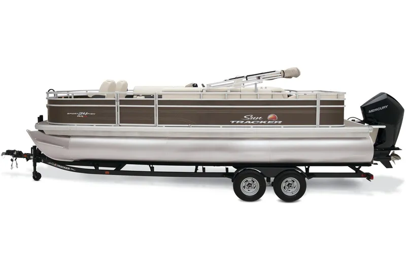 Slide: The Image of 2024 Sun Tracker Sportfish 24 XP3 pontoon boat on a trailer. - 8