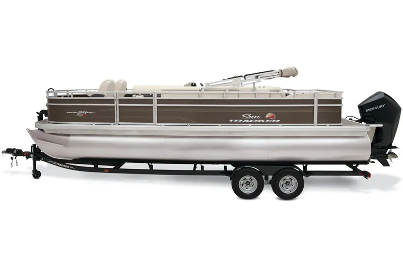 Slide: The Image of 2024 Sun Tracker Sportfish 24 XP3 pontoon boat on trailer. - 9