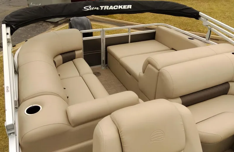 Slide: The Image of 2024 Sun Tracker Party Barge 22 RF XP3 interior with beige seating. - 6