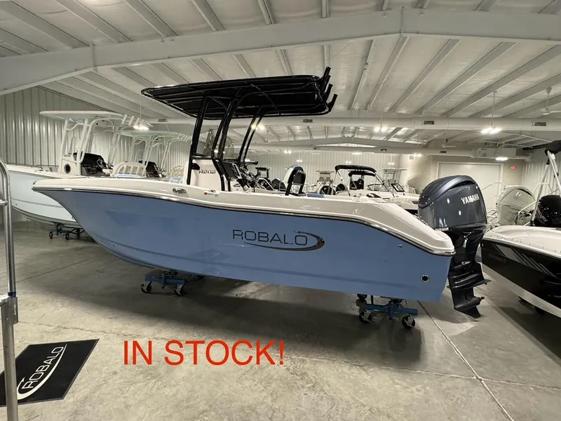 The Image of 2025 Robalo R202 Explorer boat in showroom, available for purchase. - 1