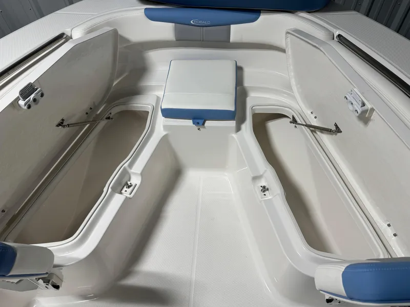 Slide: The Image of 2025 Robalo R202 Explorer boat interior with open storage compartments. - 14
