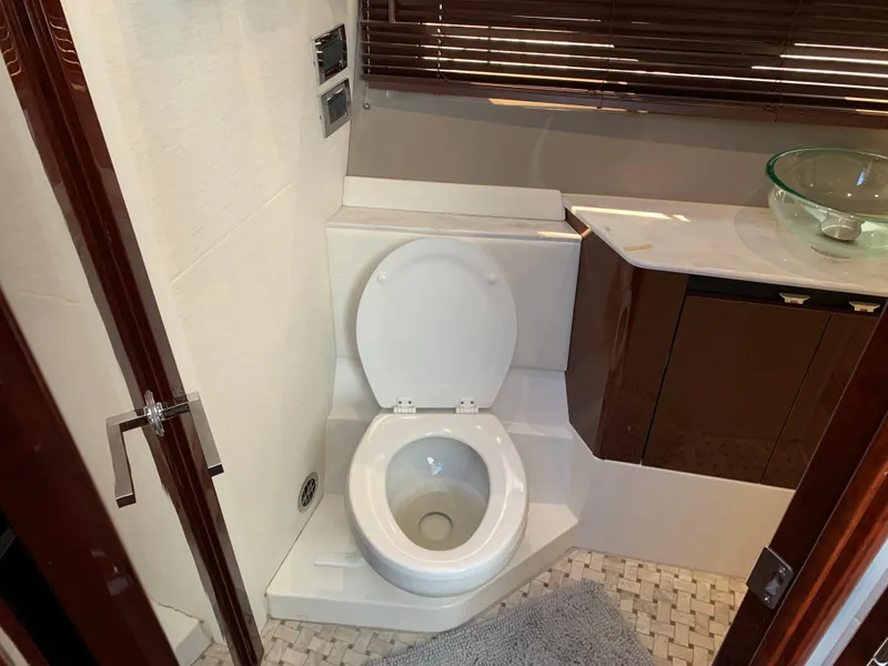 Slide: The Image of 2017 Sea Ray Sundancer 460 yacht bathroom with modern toilet and glass sink. - 41