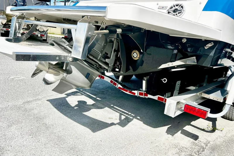 Slide: The Image of 2024 Regal LS9 boat stern with propeller and trailer, showcasing modern design and engineering. - 18