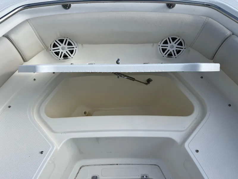 Slide: The Image of 2024 Boston Whaler 230 Outrage boat storage compartment with speakers. - 13