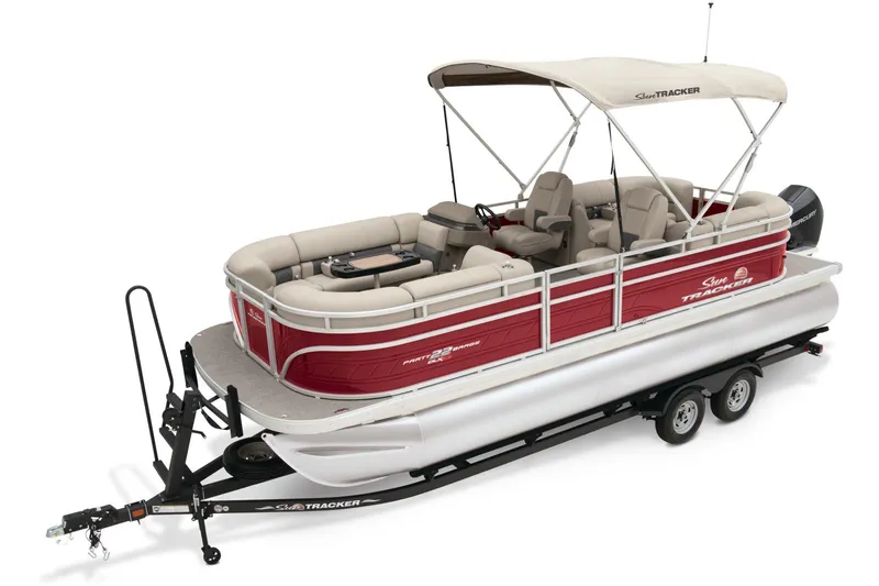 Slide: The Image of 2024 Sun Tracker Party Barge 22 XP3 pontoon boat on trailer with canopy. - 7