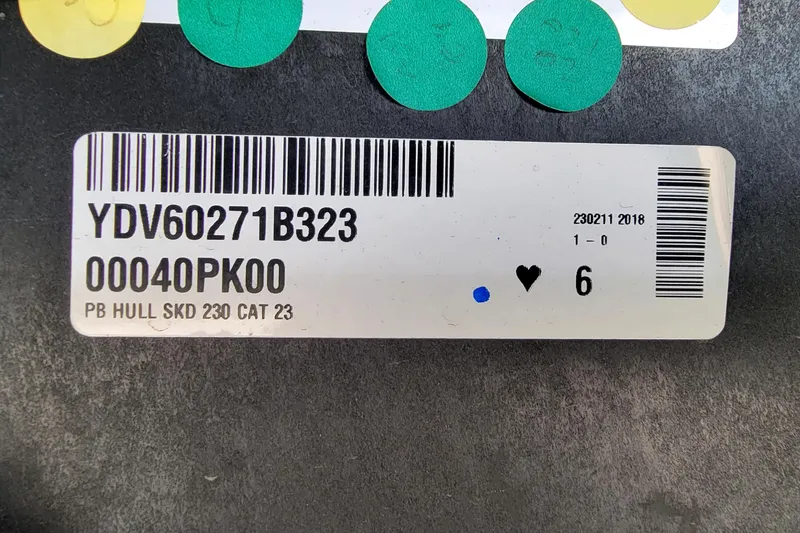 Slide: The Image of 2023 Sea-Doo Switch Sport 21 hull identification label with barcode and serial number. - 9