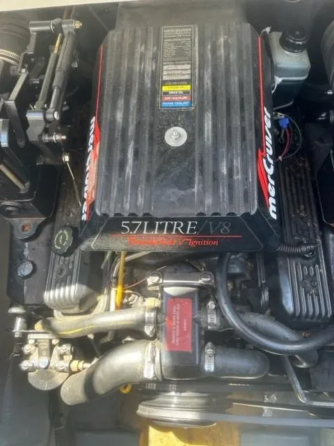 Slide: The Image of 1996 Sea Ray Sundancer engine, 5.7L V8 MerCruiser, detailed view. - 8