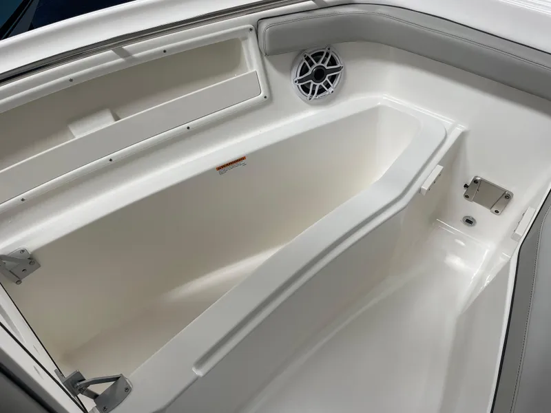 Slide: The Image of 2024 Pursuit DC 246 Dual Console boat interior with storage and speaker. - 18