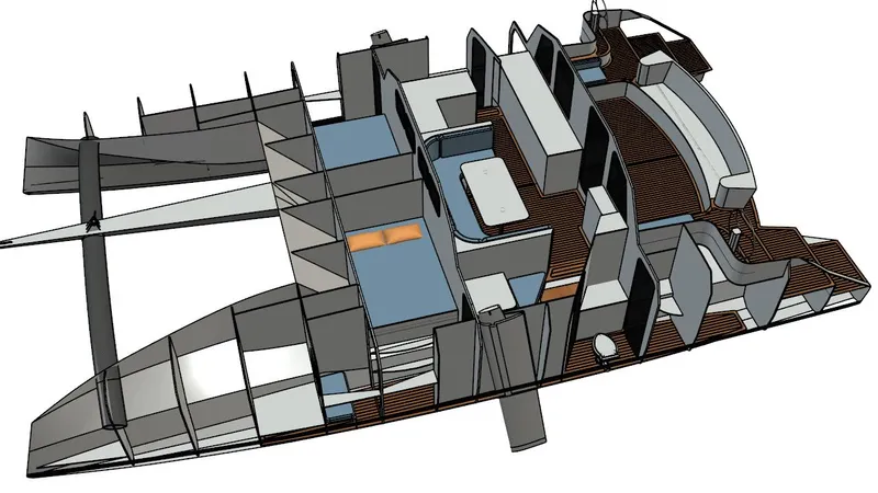 Slide: The Image of 3D model of 2024 Schionning Arrow 1280 S catamaran interior layout. - 9
