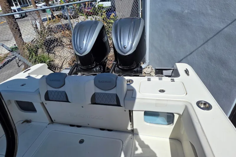 Slide: The Image of 2024 Blackwood 290 boat with dual outboard engines, featuring a spacious deck layout. - 9