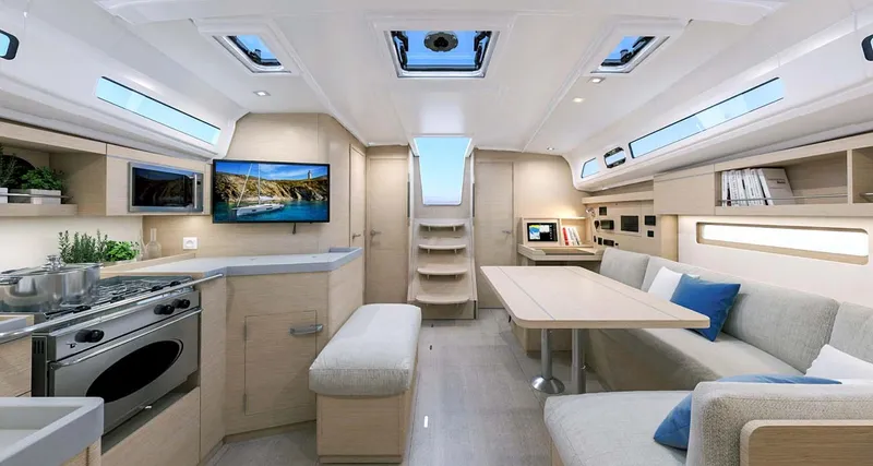 Slide: The Image of Luxurious interior of 2026 Beneteau Oceanis 40.1 yacht with modern kitchen and seating area. - 10