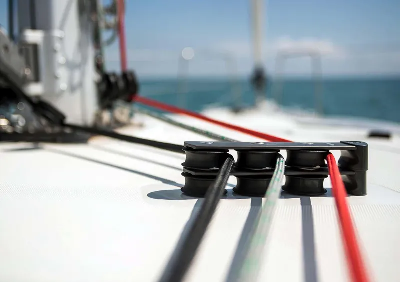 Slide: The Image of Close-up of sailing ropes on Beneteau Oceanis 40.1 yacht, 2026 model, against a clear sea backdrop. - 9