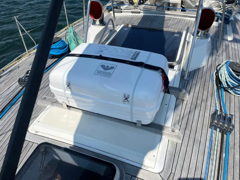 Slide: The Image of Deck of 1986 Nautor Swan 43 sailboat with secured equipment and ropes. - 13