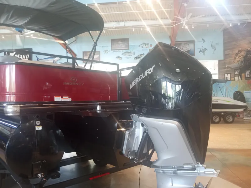 Slide: The Image of 2024 Regency 250 DL3 boat with Mercury outboard motor in showroom. - 2
