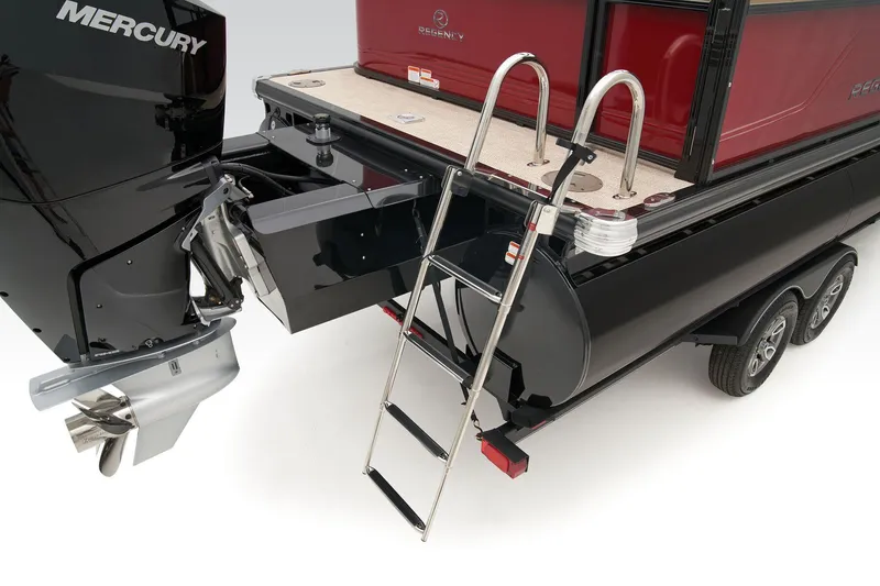 Slide: The Image of 2024 Regency 250 DL3 pontoon boat with Mercury outboard motor and boarding ladder. - 41