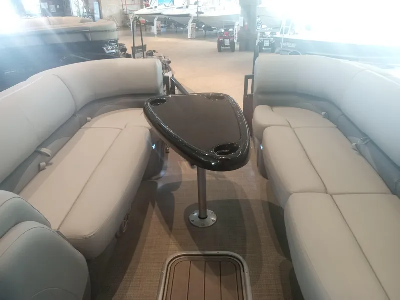 Slide: The Image of 2024 Regency 250 DL3 pontoon boat on trailer with canopy. - 5