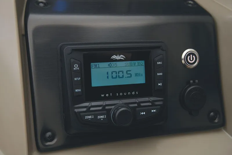 Slide: The Image of Close-up of the audio system on a 2024 Sun Tracker Party Barge 22 XP3. - 40