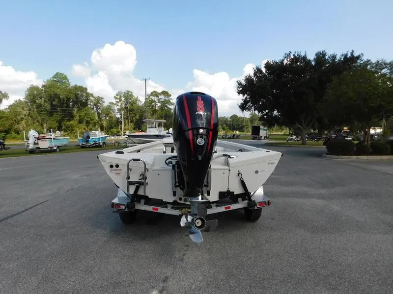 Slide: The Image of 2024 Ranger RB200 boat on trailer, rear view with outboard motor. - 3