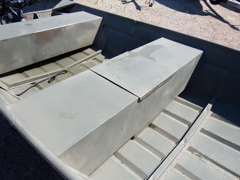 Slide: The Image of 2018 Polar Kraft Jon 1448 LW aluminum boat interior with bench seats. - 12