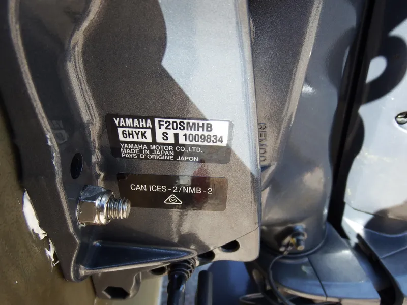 Slide: The Image of Close-up of Yamaha F20SMHB motor on 2018 Polar Kraft Jon 1448 LW boat. - 20