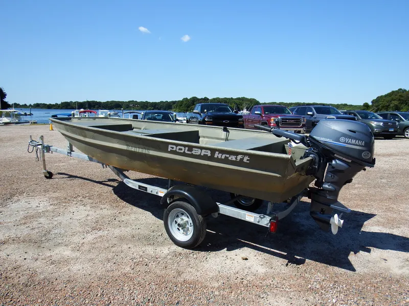 Slide: The Image of 2018 Polar Kraft Jon 1448 LW boat on trailer with Yamaha outboard motor. - 3