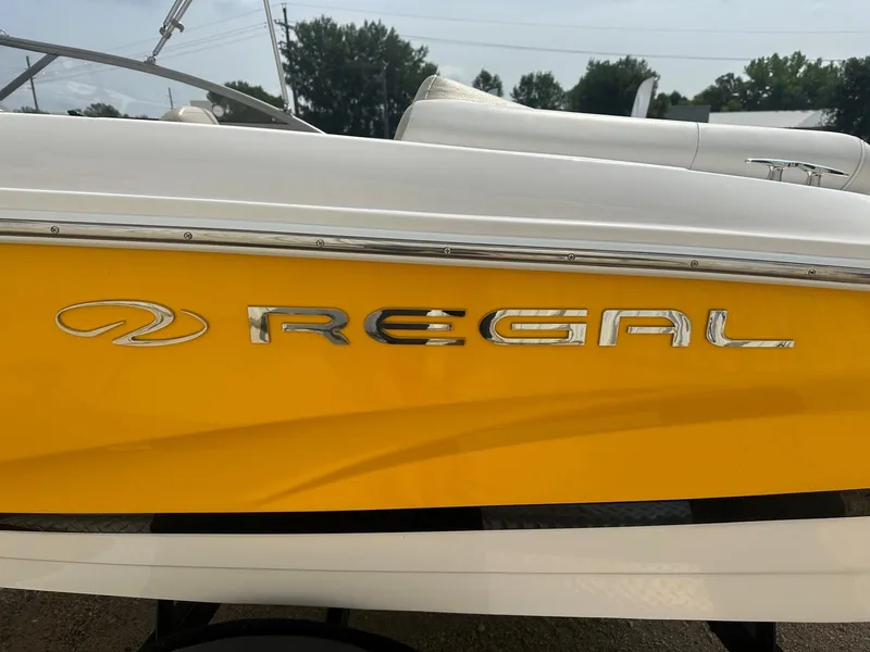 Slide: The Image of Close-up of a 2015 Regal 1900 boat with yellow and white exterior. - 6