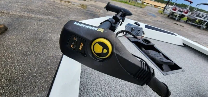 Slide: The Image of 2022 G3 Sportsman 1710 boat with Minn Kota trolling motor on deck. - 22