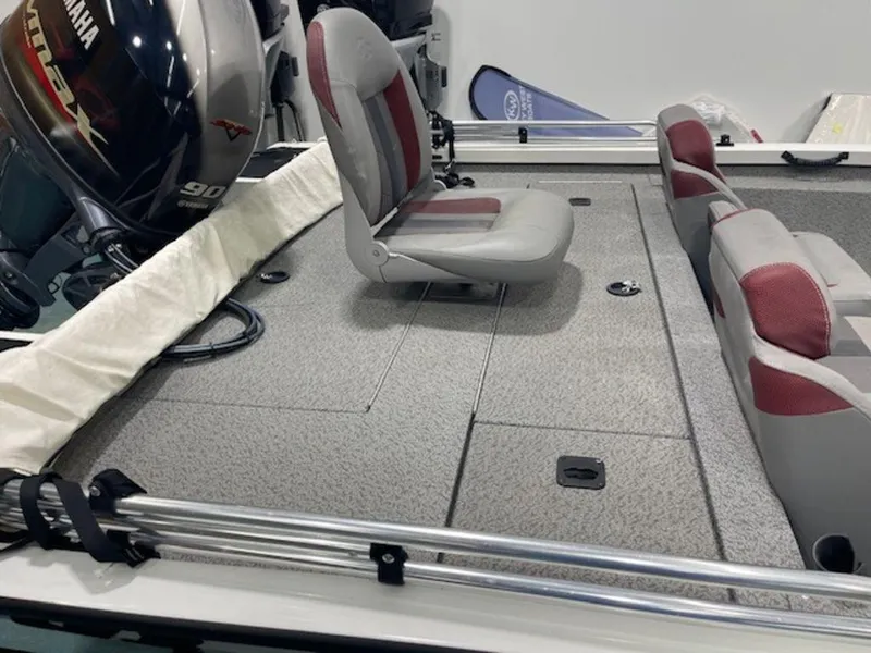 Slide: The Image of 2022 G3 Sportsman 1710 boat interior with Yamaha 90 engine, featuring gray and red seating. - 7