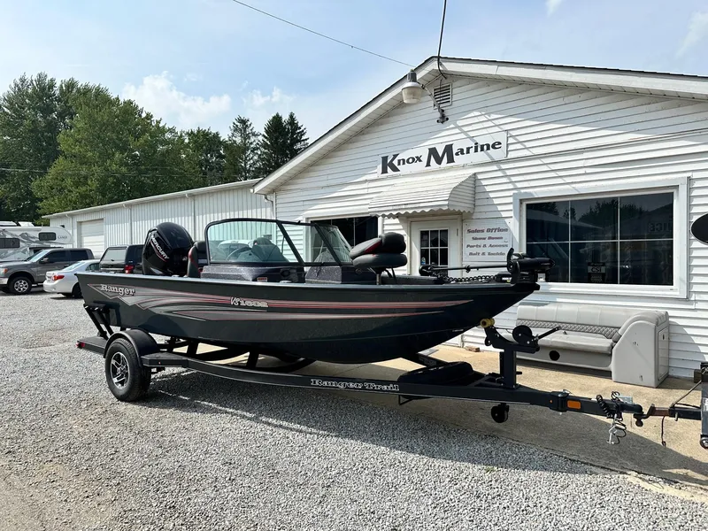 Slide: The Image of 2024 Ranger VS1682WT boat on trailer outside Knox Marine dealership. - 1