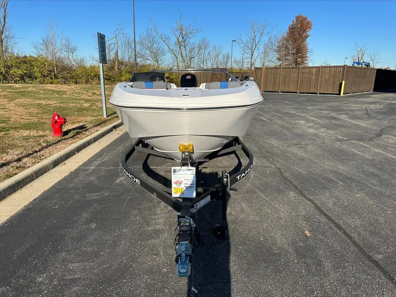 Slide: The Image of 2024 Tahoe T18 boat on trailer in parking lot. - 1