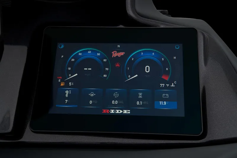 Slide: The Image of Digital dashboard display of 2024 Ranger Reata 223FC boat showing speed and engine metrics. - 27