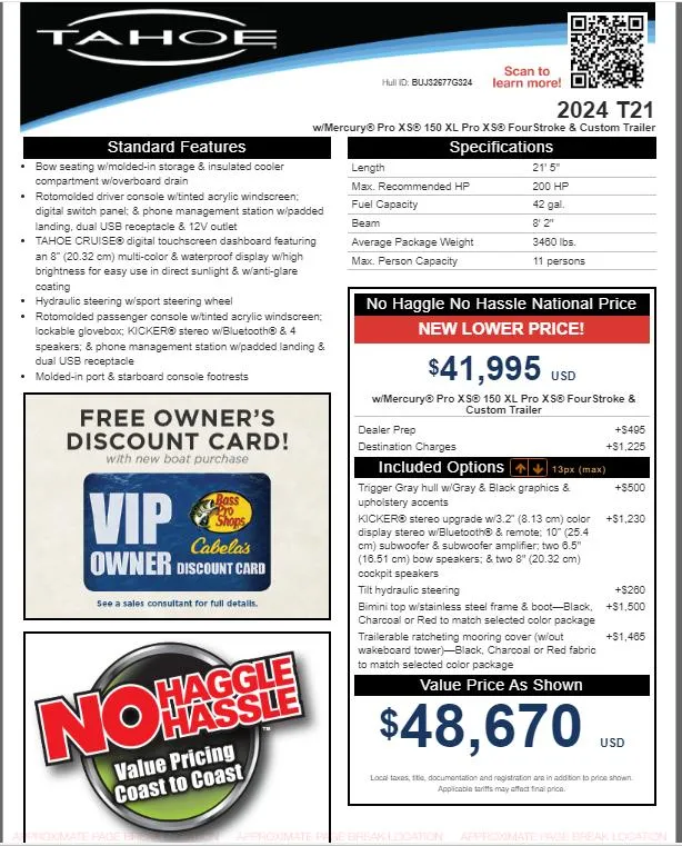 Slide: The Image of 2024 Tahoe T21 boat specifications, features, and pricing details with discount card offer. - 11