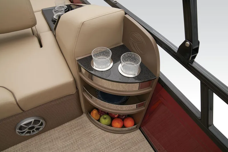 Slide: The Image of 2024 Regency 250 DL3 boat interior with cup holders and fruit storage. - 30