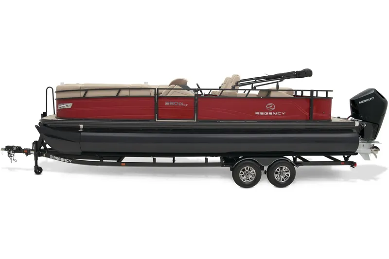 Slide: The Image of 2024 Regency 250 DL3 pontoon boat on a trailer, side view. - 4