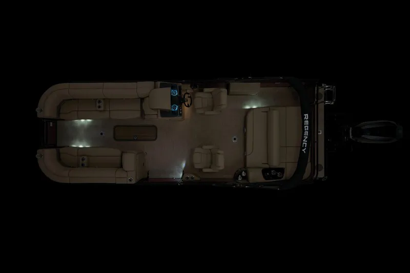 Slide: The Image of 2024 Regency 250 DL3 pontoon boat interior with ambient lighting. - 44