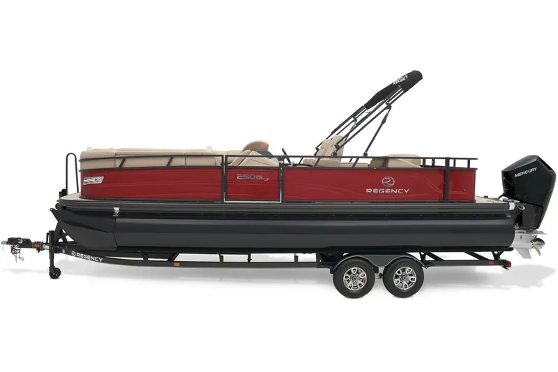 Slide: The Image of 2024 Regency 250 DL3 pontoon boat on trailer with red and black design. - 5
