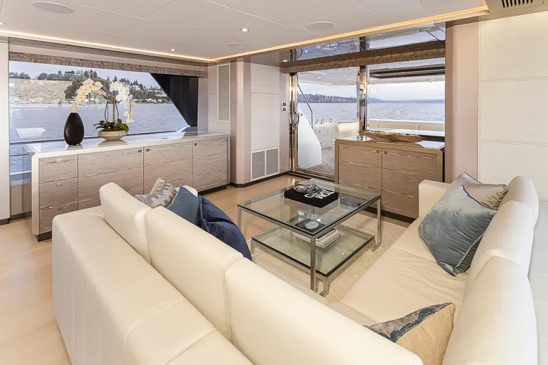 Slide: The Image of Luxurious interior of 2024 Ocean Alexander Revolution yacht with modern furnishings and scenic ocean view. - 20