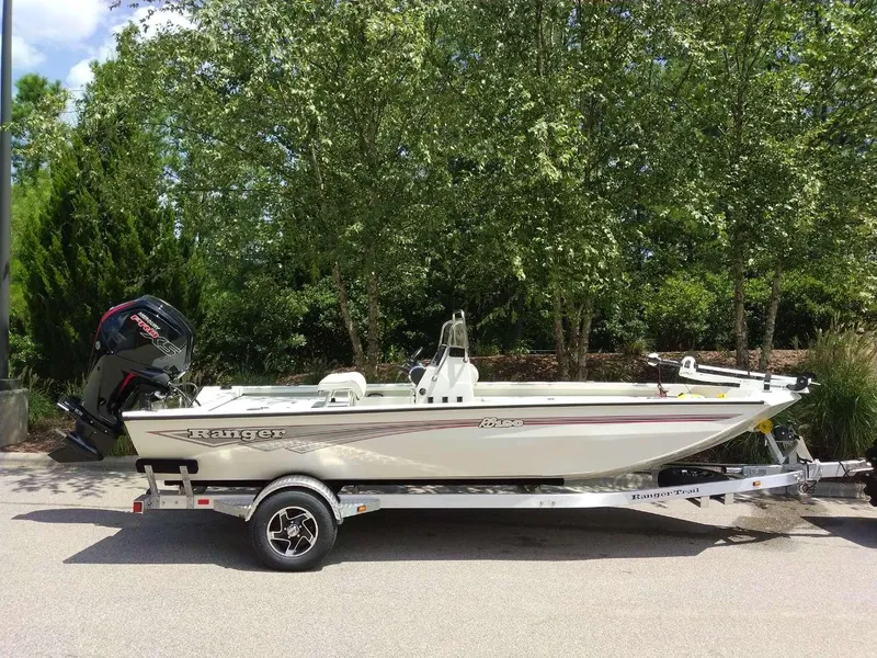 Slide: The Image of 2024 Ranger RB190 boat on trailer, parked outdoors. - 3