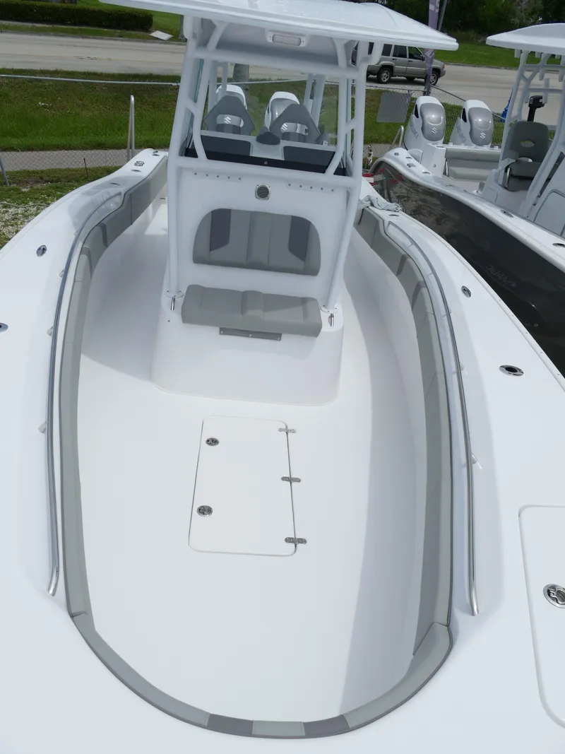 Slide: The Image of 2024 Cape Horn 31T Tournament boat, spacious deck and seating area. - 31