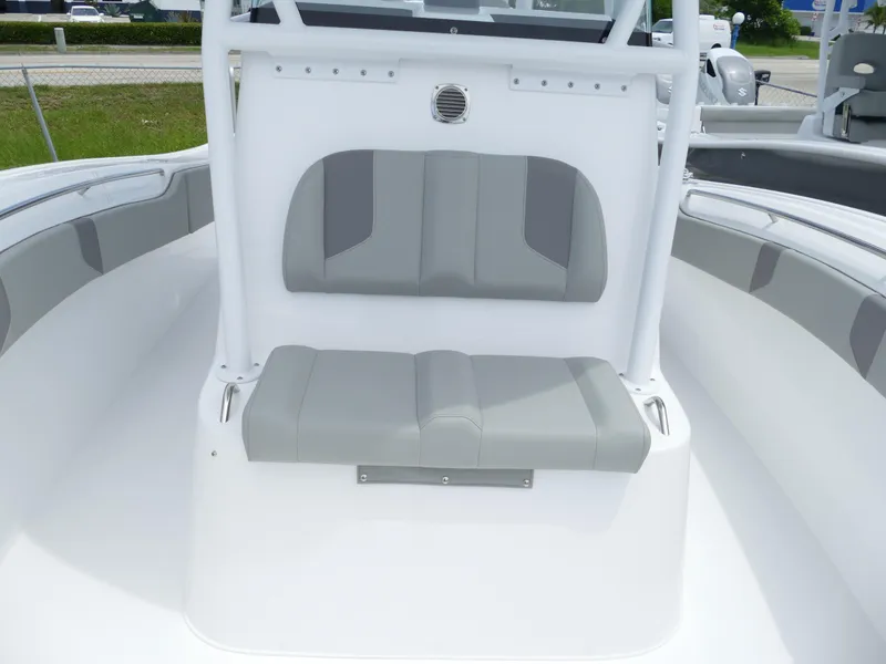 Slide: The Image of 2024 Cape Horn 31T Tournament boat seating area with gray and white cushions. - 38