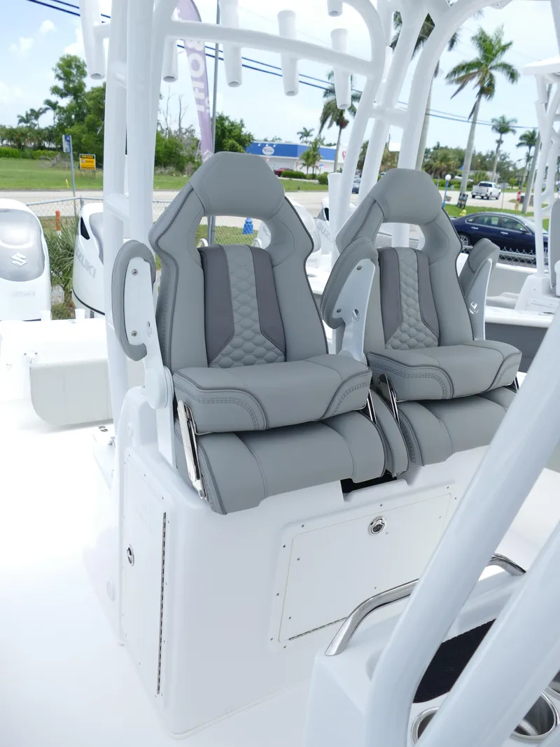 Slide: The Image of 2024 Cape Horn 31T Tournament boat with dual grey captain's chairs. - 48