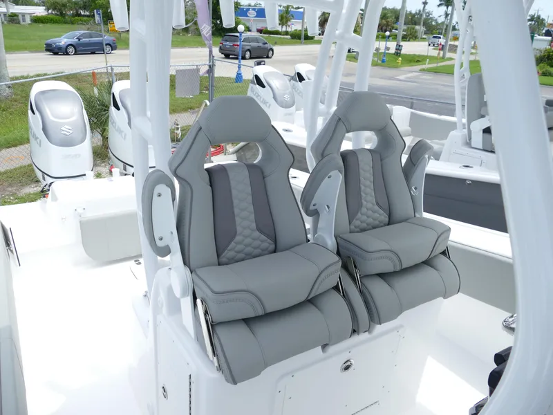 Slide: The Image of 2024 Cape Horn 31T Tournament boat with dual grey captain's chairs. - 49
